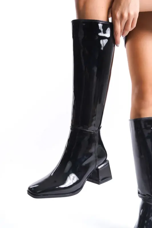 Kadın Diz Altı Rugan Siyah Topuklu Parlak Detaylı Fermuarlı Parlak Uzun Çizme-Parlak Siyah - 5