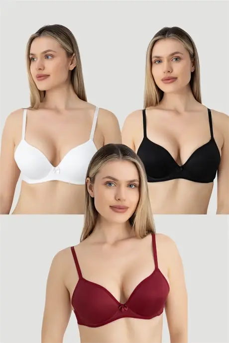 Kadın Dolgusuz Balenli 3 Adet Sütyen Bordo Beyaz Siyah - 1