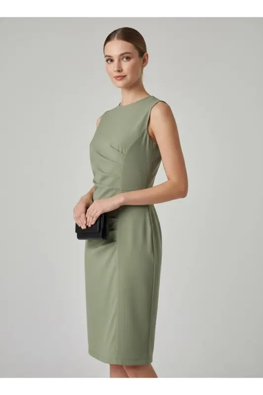 Kadın Drapeli Kısa Elbise 3073-Haki - 2