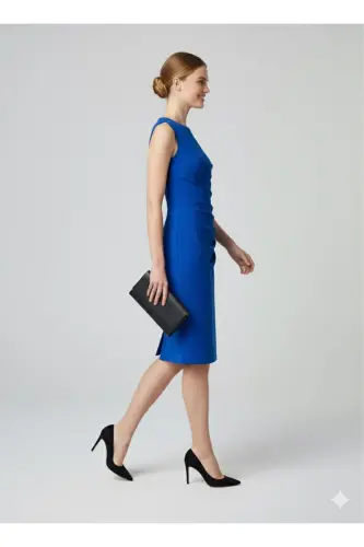 Kadın Drapeli Kısa Elbise 3073-Mavi - 2