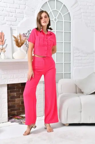 Kadın Düğme Detaylı Kapaklı Pantolonlu Takım-Fuşya - 3