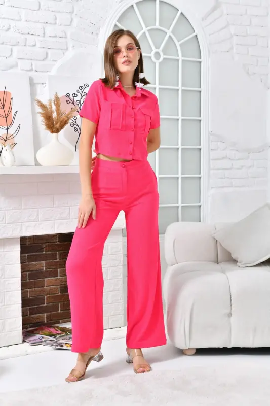Kadın Düğme Detaylı Kapaklı Pantolonlu Takım-Fuşya - 3
