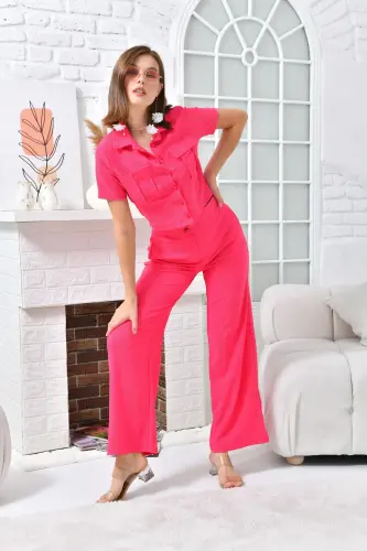 Kadın Düğme Detaylı Kapaklı Pantolonlu Takım-Fuşya - 4