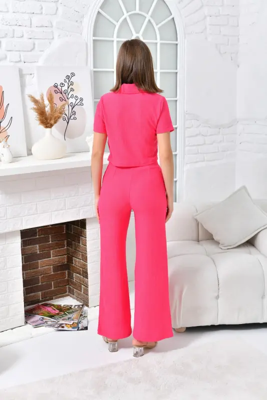 Kadın Düğme Detaylı Kapaklı Pantolonlu Takım-Fuşya - 8