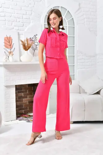 Kadın Düğme Detaylı Kapaklı Pantolonlu Takım-Fuşya 