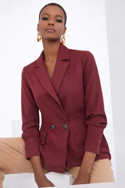 Kadın Düğme Ve Plise Detay Arkası Lastikli Ceket - 1