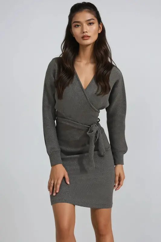 Kadın Duman Grisi Kruvaze Yaka Yarasa Kollu Beli Kemerli Kaşkorse Elbise Alc-X7623-DUMAN GRİSİ - 1