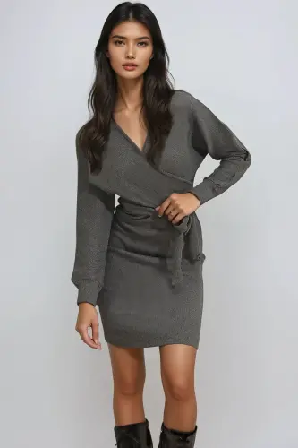 Kadın Duman Grisi Kruvaze Yaka Yarasa Kollu Beli Kemerli Kaşkorse Elbise Alc-X7623-DUMAN GRİSİ - 3