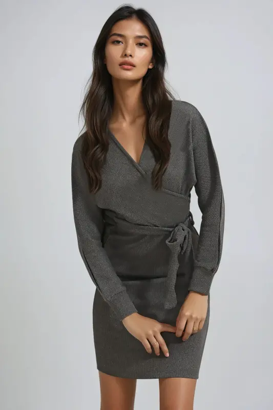 Kadın Duman Grisi Kruvaze Yaka Yarasa Kollu Beli Kemerli Kaşkorse Elbise Alc-X7623-DUMAN GRİSİ - 4