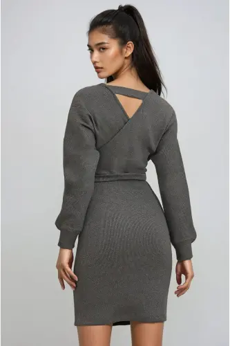 Kadın Duman Grisi Kruvaze Yaka Yarasa Kollu Beli Kemerli Kaşkorse Elbise Alc-X7623-DUMAN GRİSİ - 5