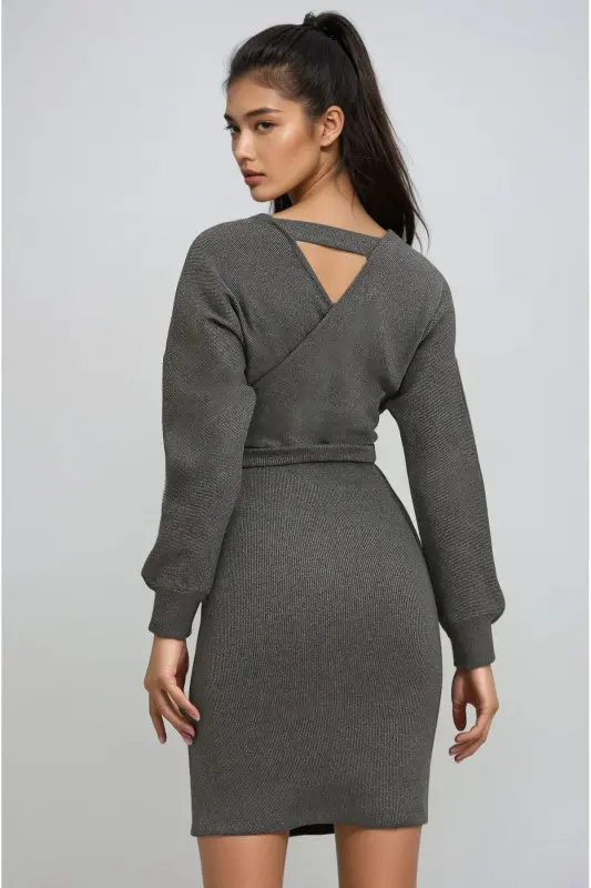 Kadın Duman Grisi Kruvaze Yaka Yarasa Kollu Beli Kemerli Kaşkorse Elbise Alc-X7623-DUMAN GRİSİ - 5