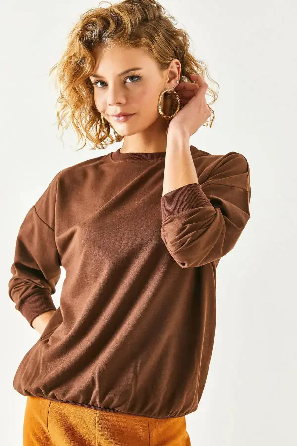 Kadın Düz Acı Kahve Basic Yumuşak Dokulu Salaş Sweatshirt SWT-19000457-Düz Acı Kahve - 3