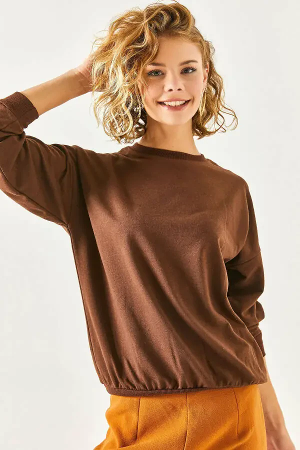 Kadın Düz Acı Kahve Basic Yumuşak Dokulu Salaş Sweatshirt SWT-19000457-Düz Acı Kahve - 5