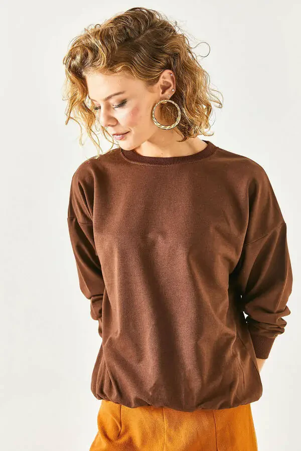 Kadın Düz Acı Kahve Basic Yumuşak Dokulu Salaş Sweatshirt SWT-19000457-Düz Acı Kahve - 7
