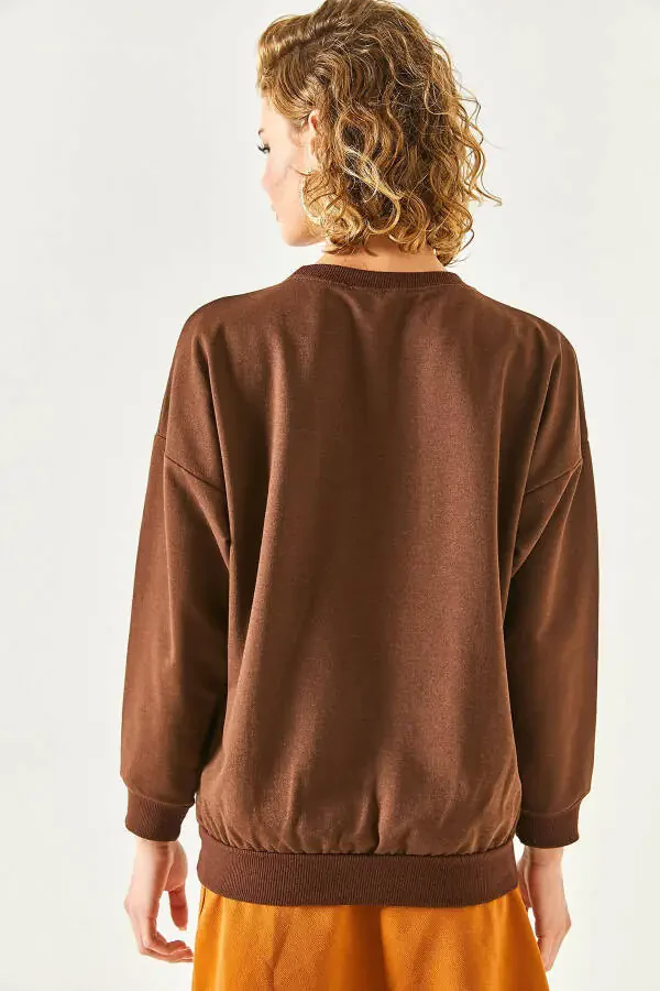 Kadın Düz Acı Kahve Basic Yumuşak Dokulu Salaş Sweatshirt SWT-19000457-Düz Acı Kahve - 8