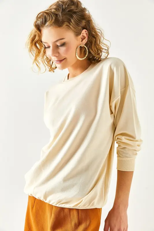 Kadın Düz Bej Basic Yumuşak Dokulu Salaş Sweatshirt SWT-19000457-Düz Bej - 3