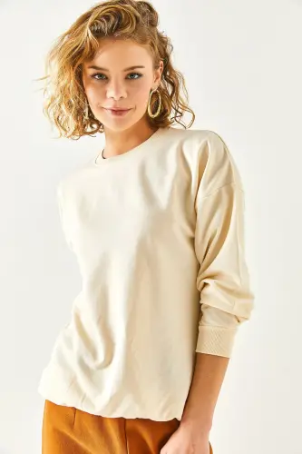 Kadın Düz Bej Basic Yumuşak Dokulu Salaş Sweatshirt SWT-19000457-Düz Bej - 5