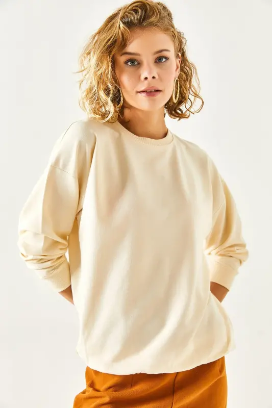 Kadın Düz Bej Basic Yumuşak Dokulu Salaş Sweatshirt SWT-19000457 - Düz Bej - 1