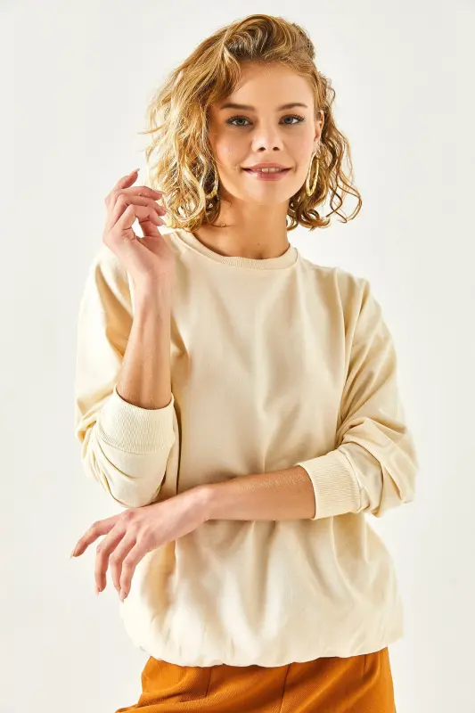 Kadın Düz Bej Basic Yumuşak Dokulu Salaş Sweatshirt SWT-19000457 - Düz Bej - 6