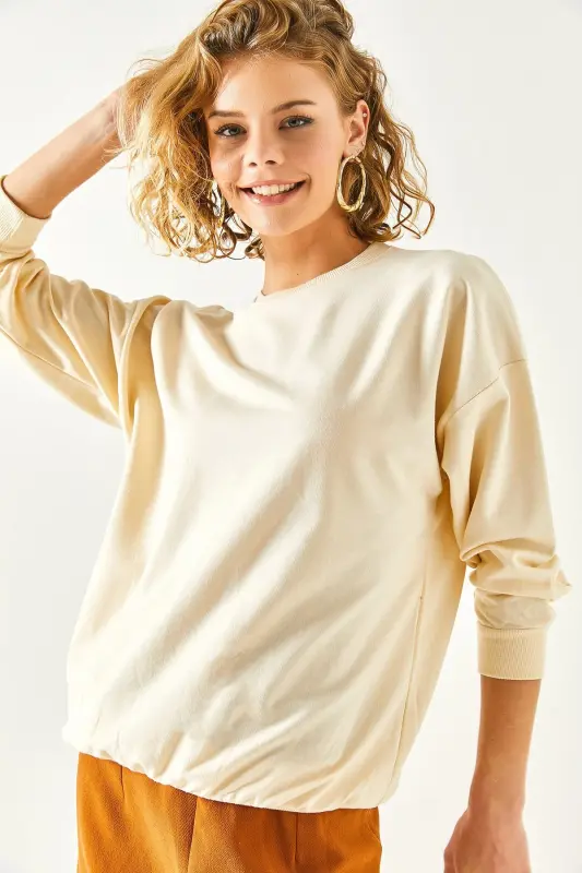 Kadın Düz Bej Basic Yumuşak Dokulu Salaş Sweatshirt SWT-19000457 - Düz Bej - 7