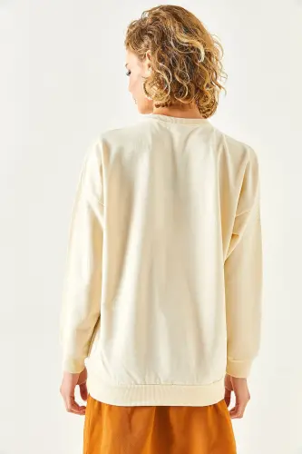 Kadın Düz Bej Basic Yumuşak Dokulu Salaş Sweatshirt SWT-19000457 - Düz Bej - 8