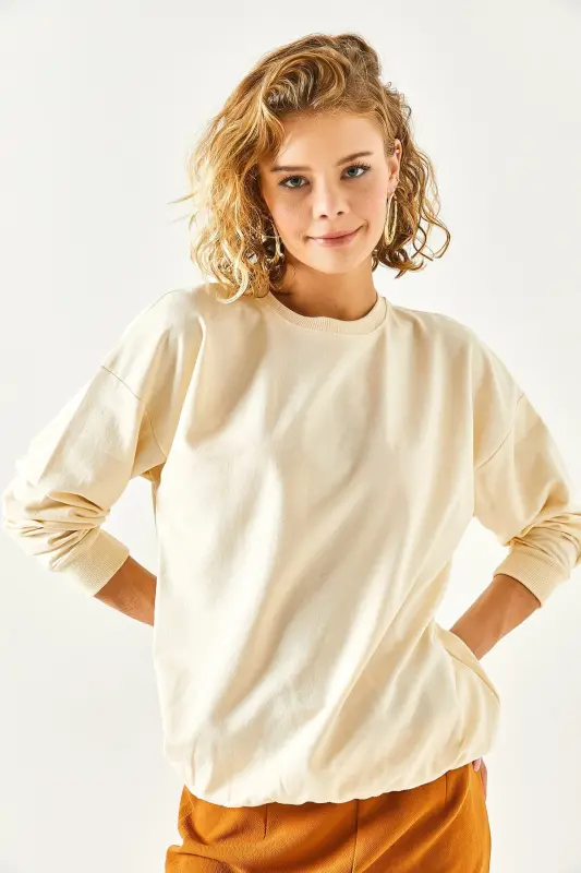 Kadın Düz Bej Basic Yumuşak Dokulu Salaş Sweatshirt SWT-19000457-Düz Bej - 2