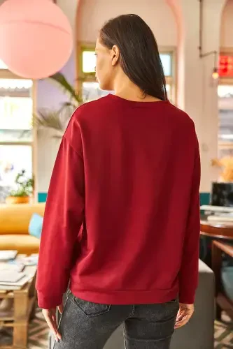 Kadın Düz Bordo Basic Yumuşak Dokulu Salaş Sweatshirt SWT-19000457-Düz Bordo - OLALOOK (1)