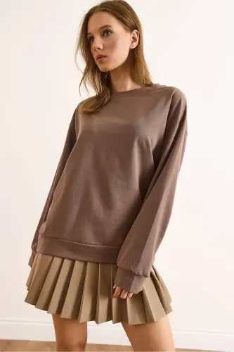 Kadın Düz Camel Basic Yumuşak Dokulu Salaş Sweatshirt SWT-19000457-Düz Camel - 4