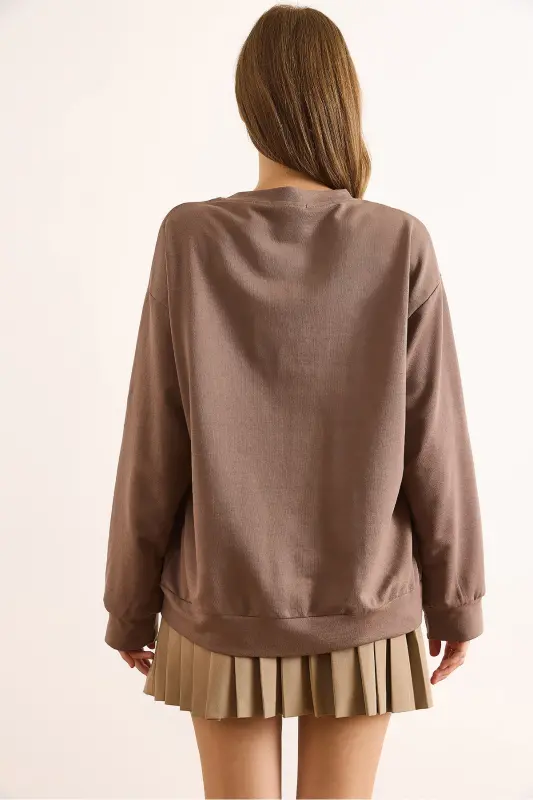 Kadın Düz Camel Basic Yumuşak Dokulu Salaş Sweatshirt SWT-19000457 - Düz Camel - 7
