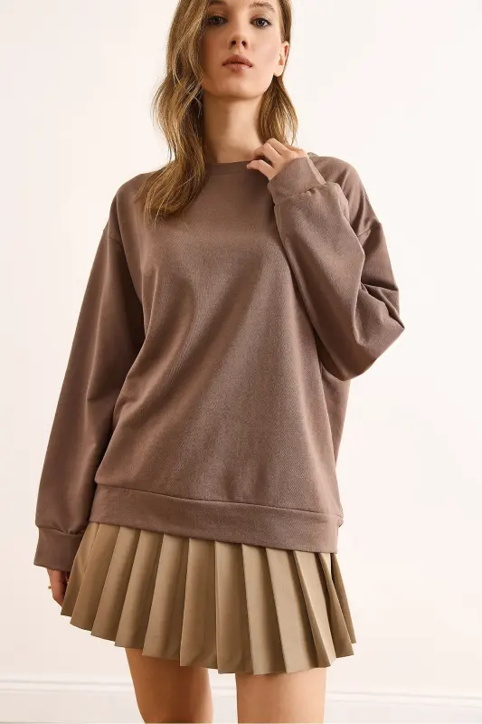 Kadın Düz Camel Basic Yumuşak Dokulu Salaş Sweatshirt SWT-19000457-Düz Camel - 6