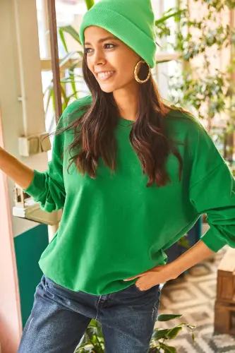 Kadın Düz Çimen Yeşili Basic Yumuşak Dokulu Salaş Sweatshirt SWT-19000457-Düz Çimen Yeşili - 5