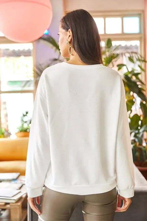 Kadın Düz Ekru Basic Yumuşak Dokulu Salaş Sweatshirt SWT-19000457-Düz Ekru - 5