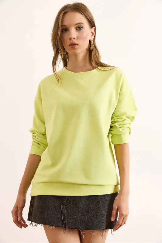 Kadın Düz Neon Sarı Basic Yumuşak Dokulu Salaş Sweatshirt SWT-19000457 - Düz Neon Sarı - 1