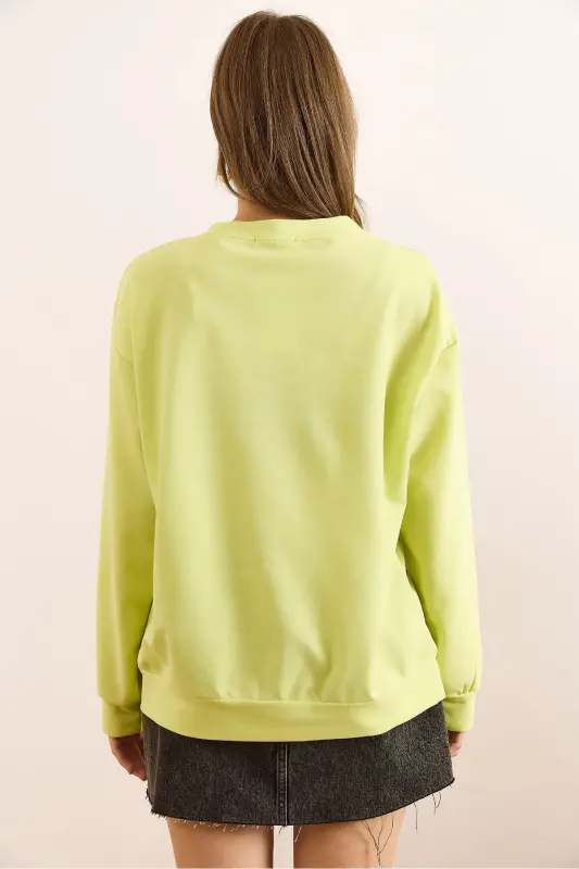 Kadın Düz Neon Sarı Basic Yumuşak Dokulu Salaş Sweatshirt SWT-19000457 - Düz Neon Sarı - 2