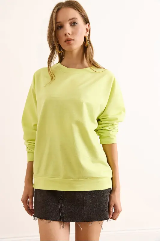 Kadın Düz Neon Sarı Basic Yumuşak Dokulu Salaş Sweatshirt SWT-19000457 - Düz Neon Sarı - 6