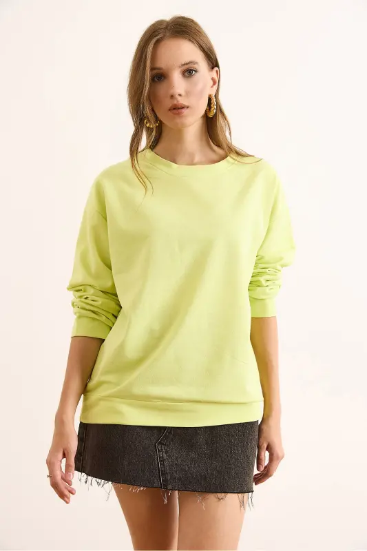 Kadın Düz Neon Sarı Basic Yumuşak Dokulu Salaş Sweatshirt SWT-19000457-Düz Neon Sarı - 3