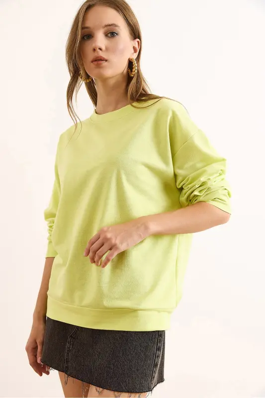 Kadın Düz Neon Sarı Basic Yumuşak Dokulu Salaş Sweatshirt SWT-19000457-Düz Neon Sarı - 5