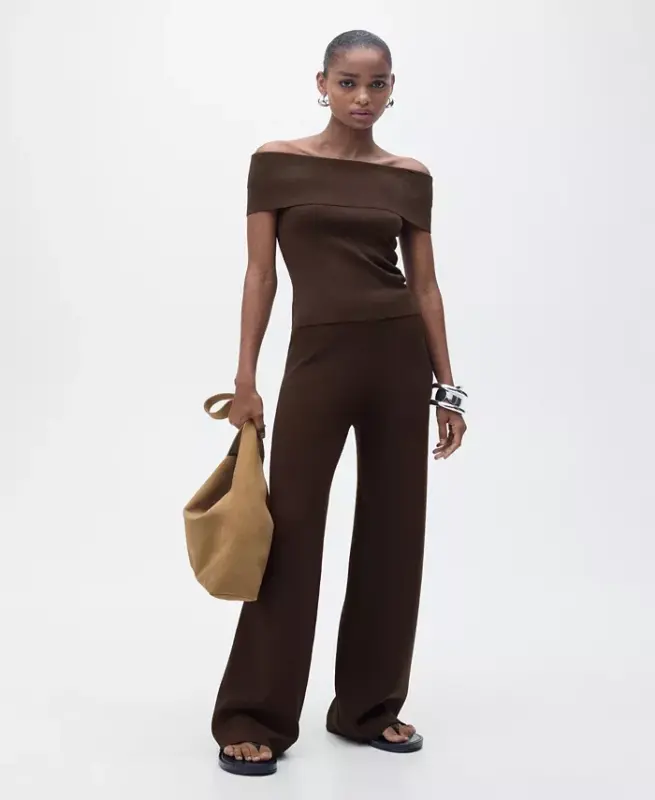 Women's Straight Knitted Pants - Chocolate - MANGO