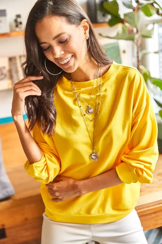 Kadın Düz Sarı Basic Yumuşak Dokulu Salaş Sweatshirt SWT-19000457 - Düz Sarı - 2