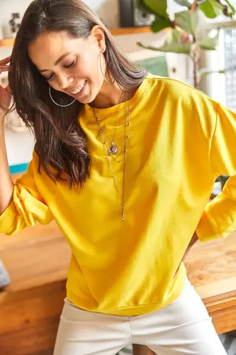 Kadın Düz Sarı Basic Yumuşak Dokulu Salaş Sweatshirt SWT-19000457 - Düz Sarı - 4