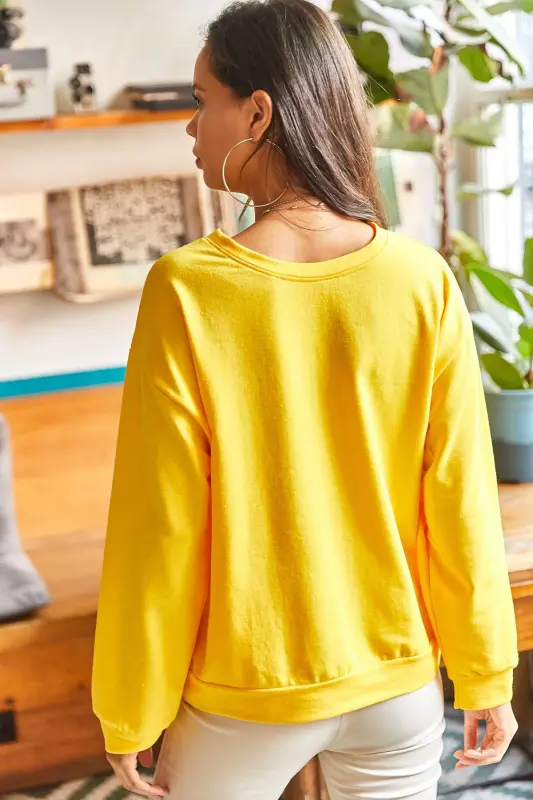Kadın Düz Sarı Basic Yumuşak Dokulu Salaş Sweatshirt SWT-19000457 - Düz Sarı - 5