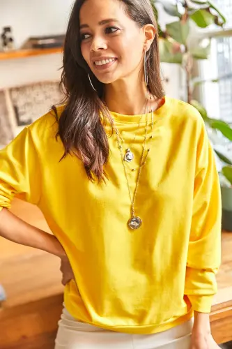 Kadın Düz Sarı Basic Yumuşak Dokulu Salaş Sweatshirt SWT-19000457-Düz Sarı - 3
