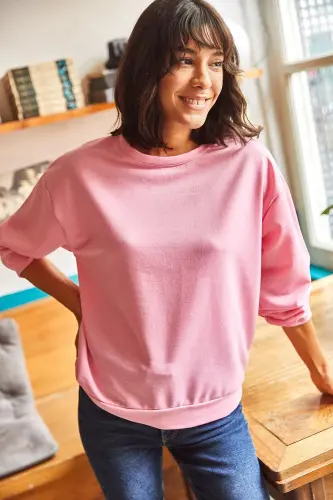 Kadın Düz Şeker Pembe Basic Yumuşak Dokulu Salaş Sweatshirt SWT-19000457-Düz Şeker Pembe - 2