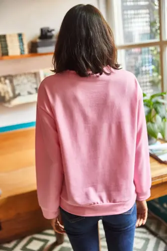 Kadın Düz Şeker Pembe Basic Yumuşak Dokulu Salaş Sweatshirt SWT-19000457 - Düz Şeker Pembe - 5