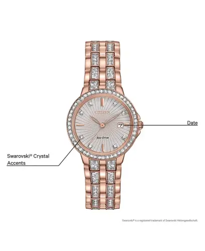 Women's Eco-Drive Crystal Accent Rose Gold-Tone Stainless Steel Bracelet Watch 28mm EW2348-56A - No Color - 6