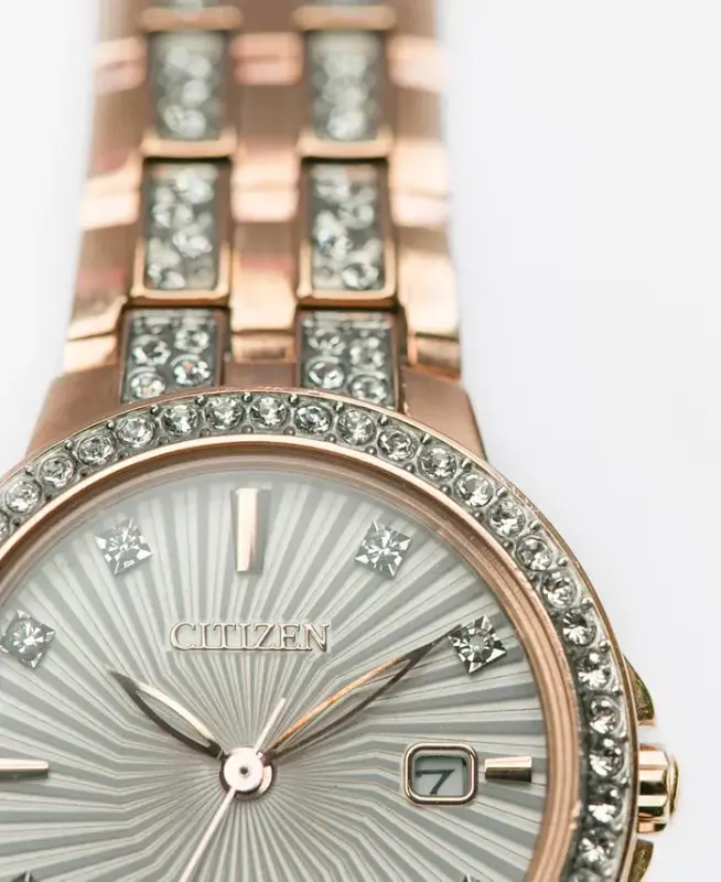 Women's Eco-Drive Crystal Accent Rose Gold-Tone Stainless Steel Bracelet Watch 28mm EW2348-56A - No Color - 7