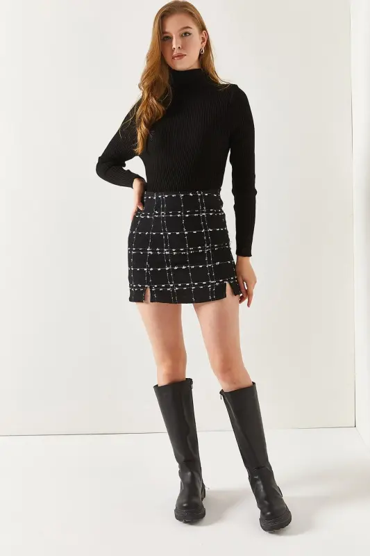 Kadın Ekose Desen Dikişli Yırtmaçlı Mini Etek Arm-22y001196-SİYAH - 2