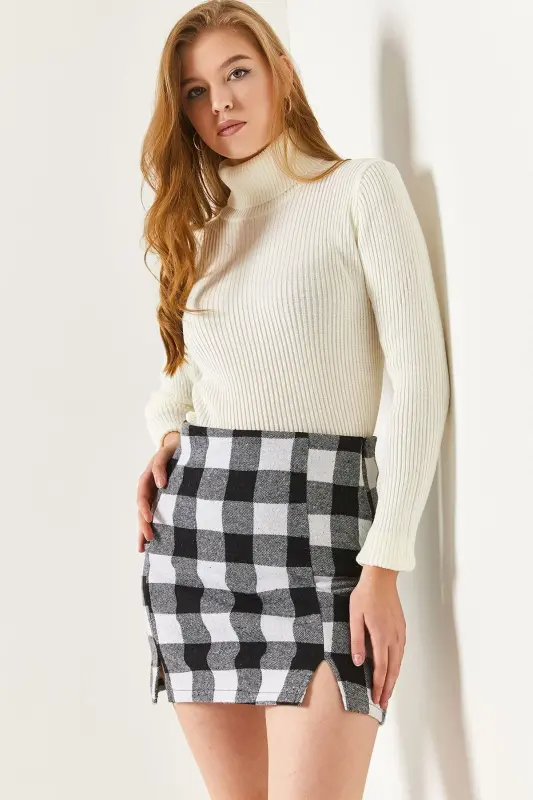 Kadın Ekose Desen Dikişli Yırtmaçlı Mini Etek Arm-22y001196-SİYAH - 2