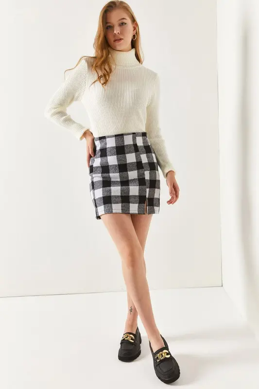 Kadın Ekose Desen Dikişli Yırtmaçlı Mini Etek Arm-22y001196-SİYAH - 3