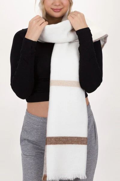 Kadın Ekose Desen Krem Şal Atkı-Krem - 5